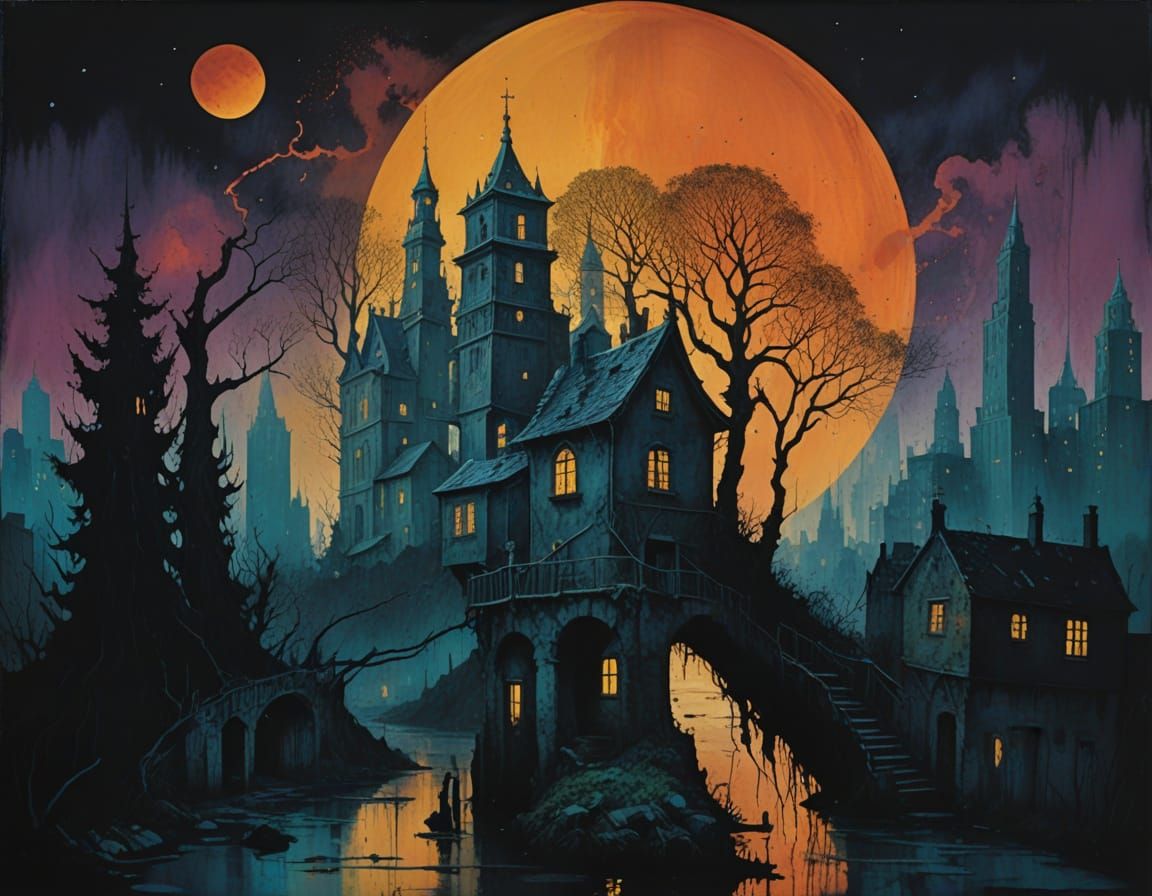 Surreal Village Scene in Mixed Media with Double Exposure