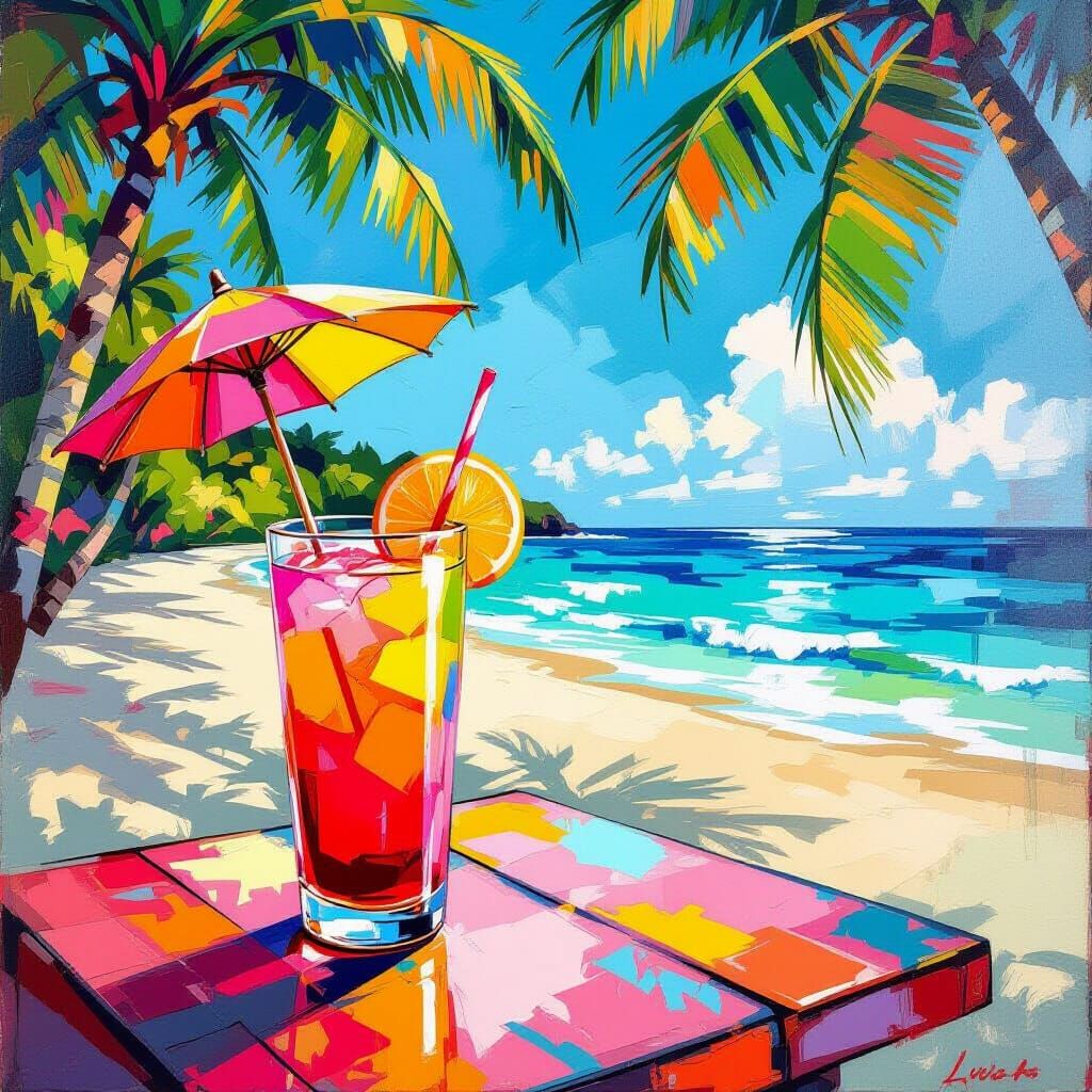 Tropical Fruit Drink on Beach, Playful Style