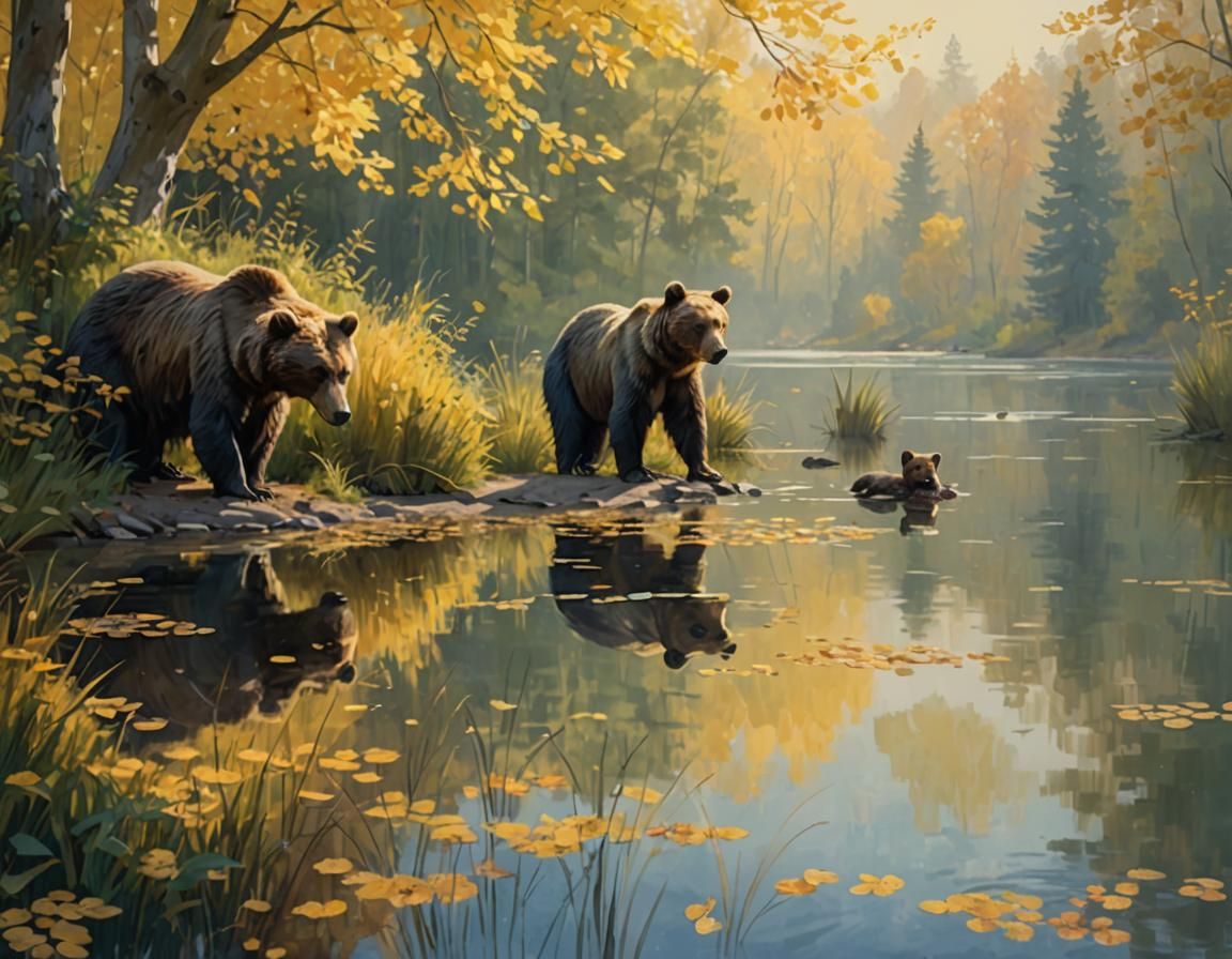 Bear Family at Misty Lake: Impressionistic Landscape