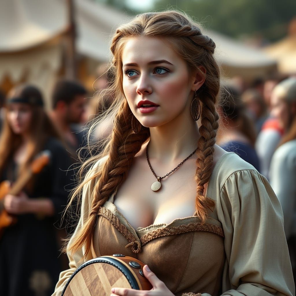 Glamorous Viking Supermodel Plays Hand Drum in Outdoor Festi...