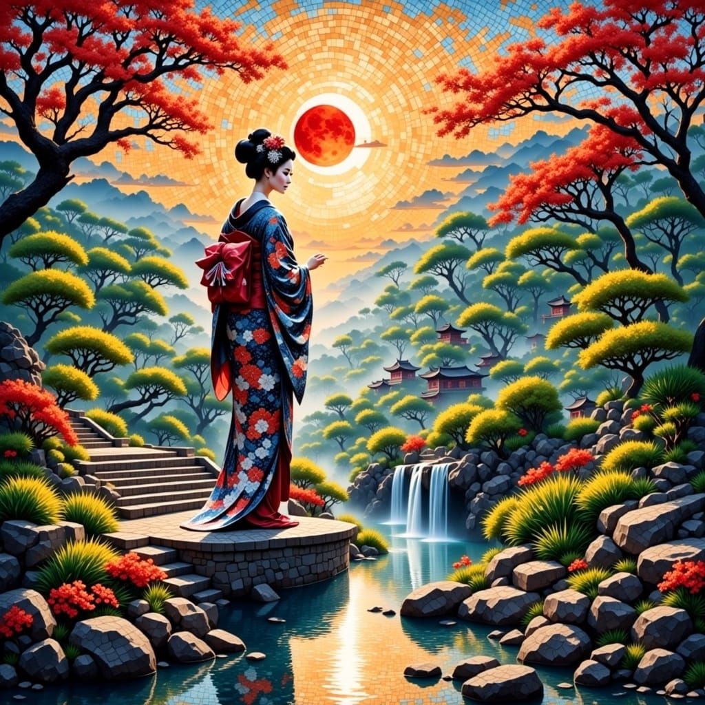 Geisha in Water Garden with Waterfall