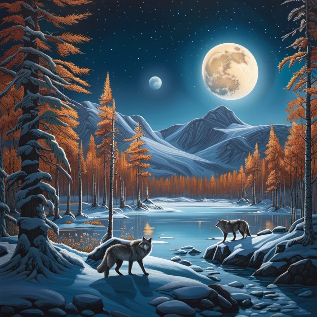 Arctic Landscape with Wolves and Starry Sky