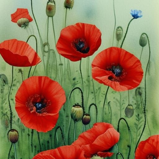Red Poppy Wildflower Watercolor Illustration