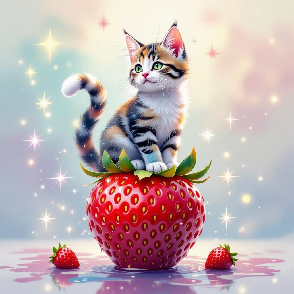 Whimsical Constellation Cat on Strawberry in Watercolor Styl...