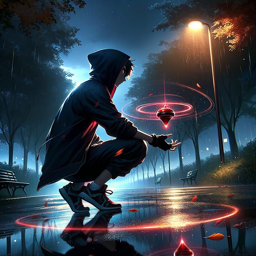 Anime Night Training: Lone Figure with Glowing Spinning Top