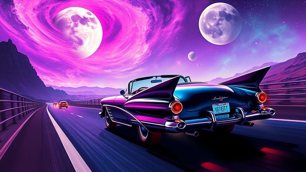 Retro-Futuristic 1950s Car on Alien Highway