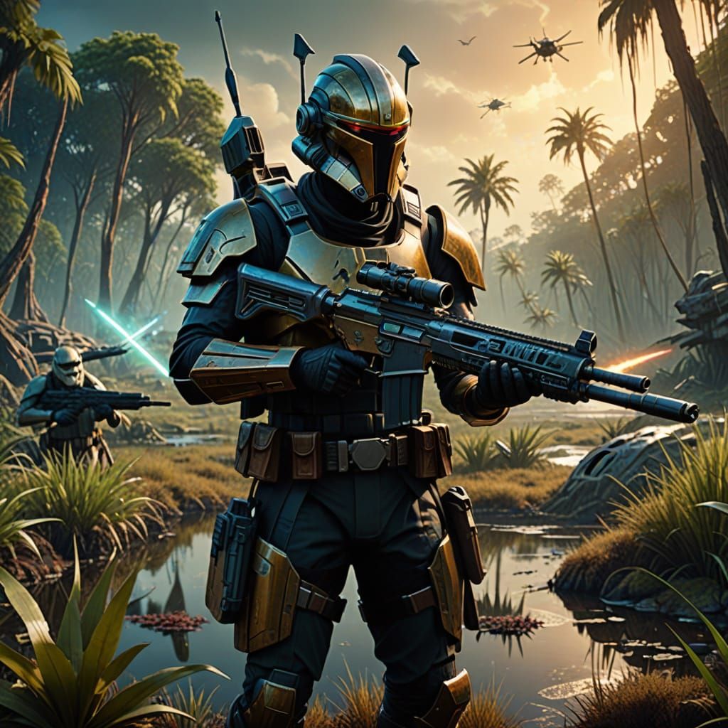Geonosian Soldier in Marshland Jungle: Vibrant Digital Art