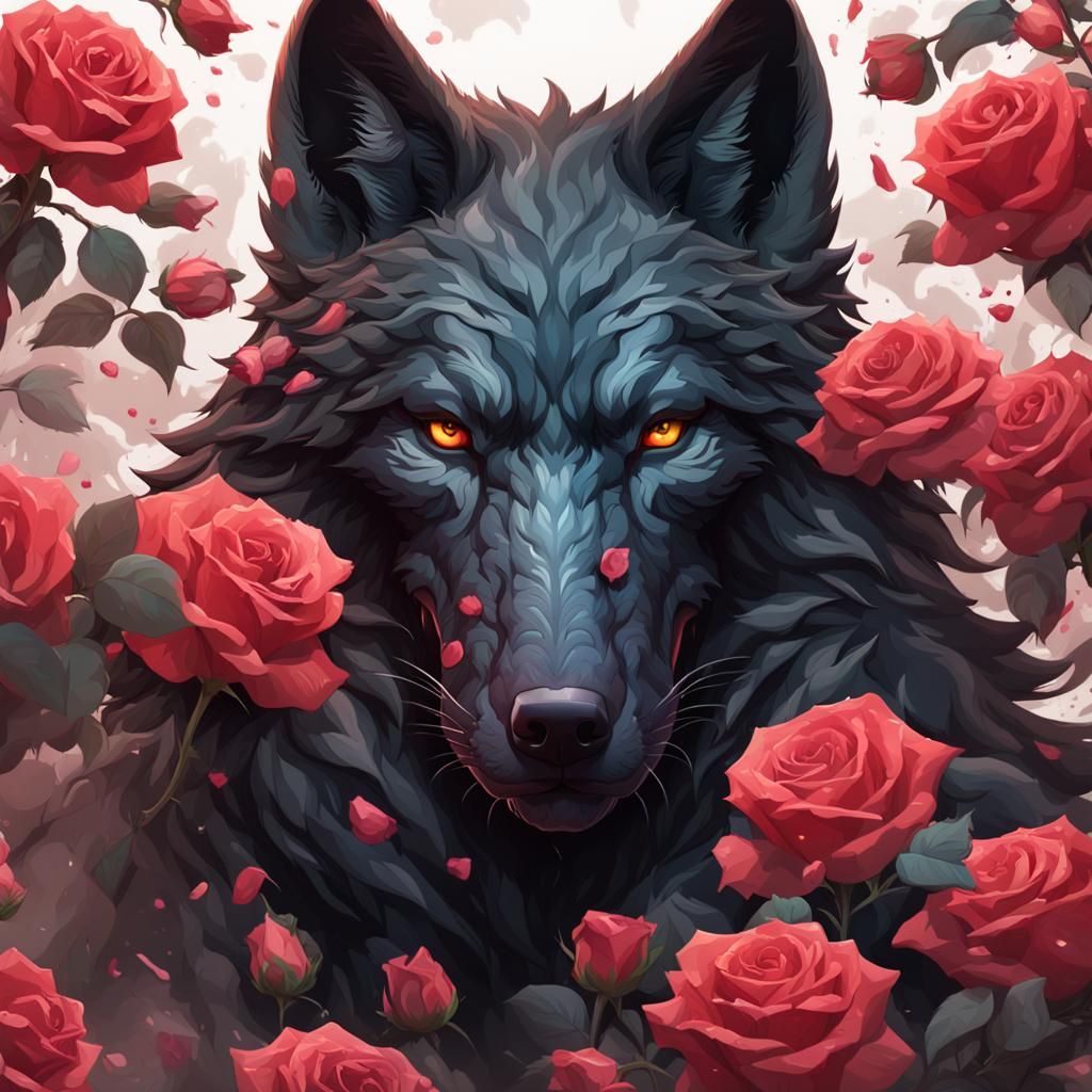 Black Wolf Portrait with Roses, Detailed Digital Art