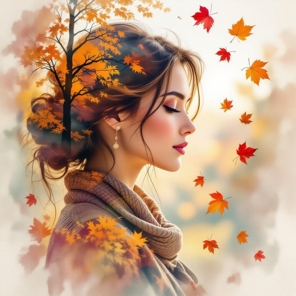 Elegant Woman Profile Merged with Autumn Trees in Watercolou...