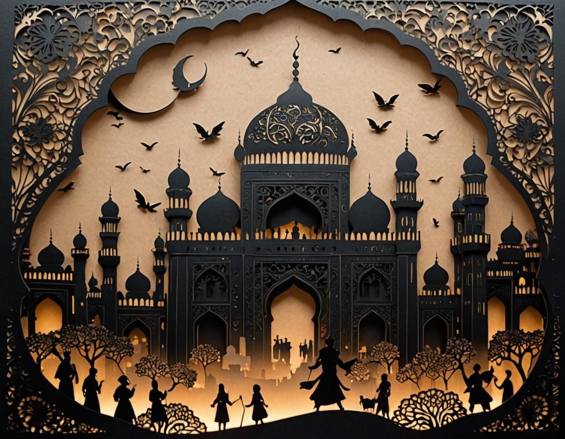 Genie Over Arabian Market in Silhouette Panorama