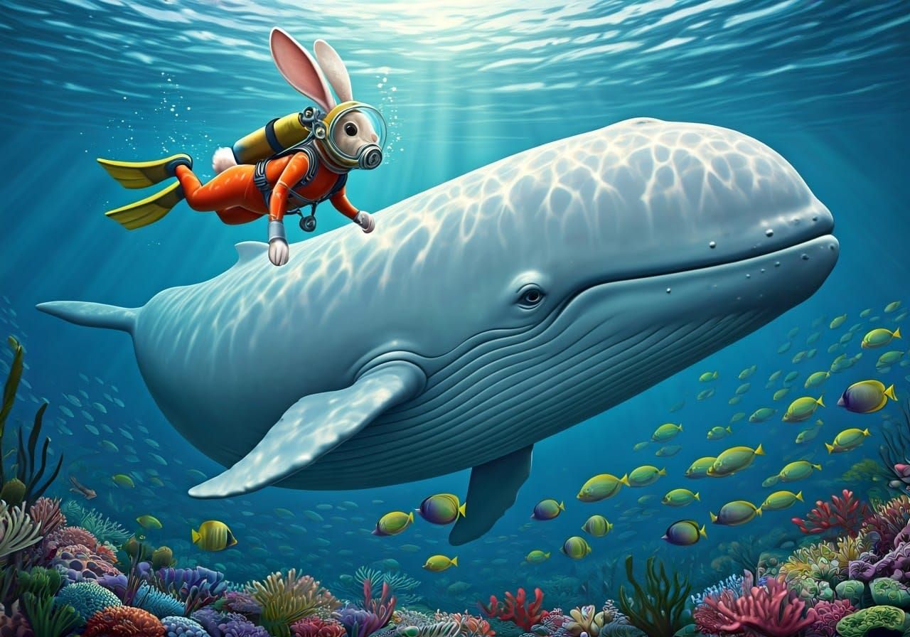 Whimsical Underwater Scene with Rabbit and Beluga Whales