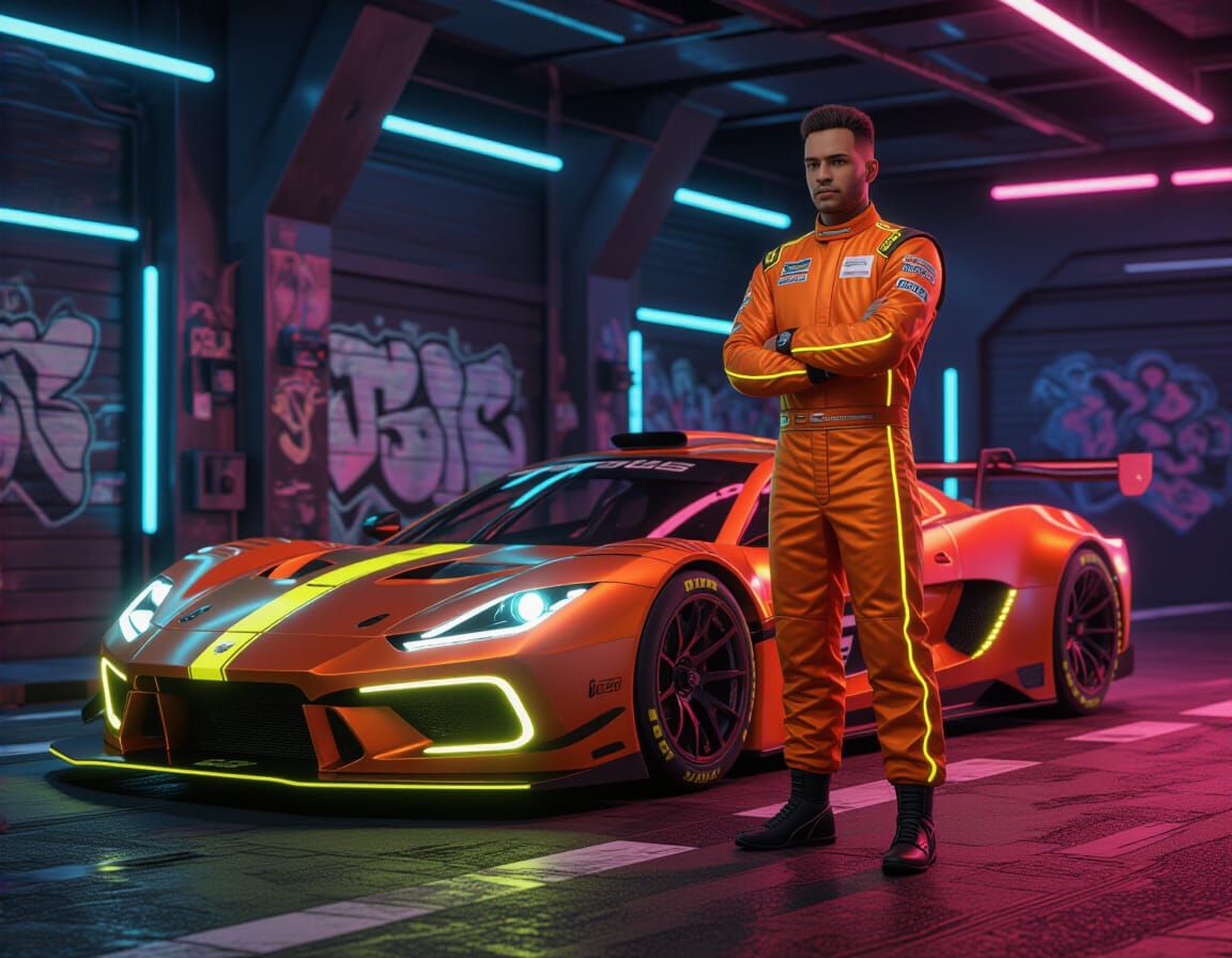 Futuristic Racer and Car on Neon Race Track as Graffiti Art