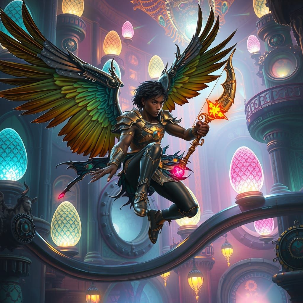 Winged Warrior Soaring Through Iridescent Castle