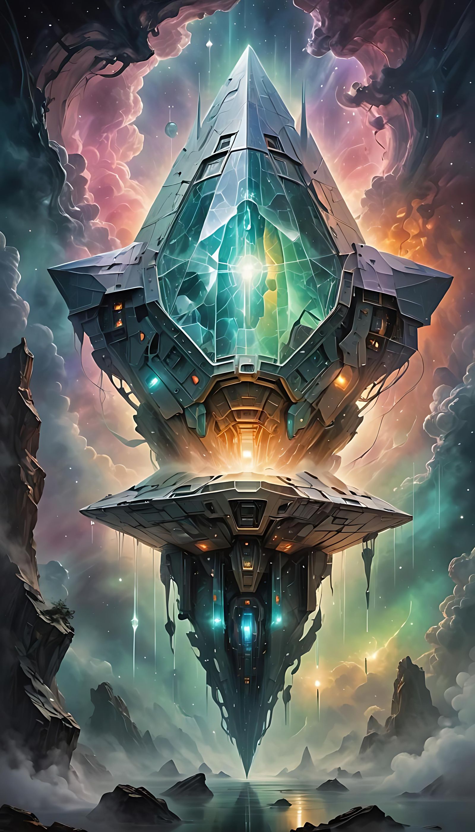 Nebula Spaceship Enters Portal in Cubist Style