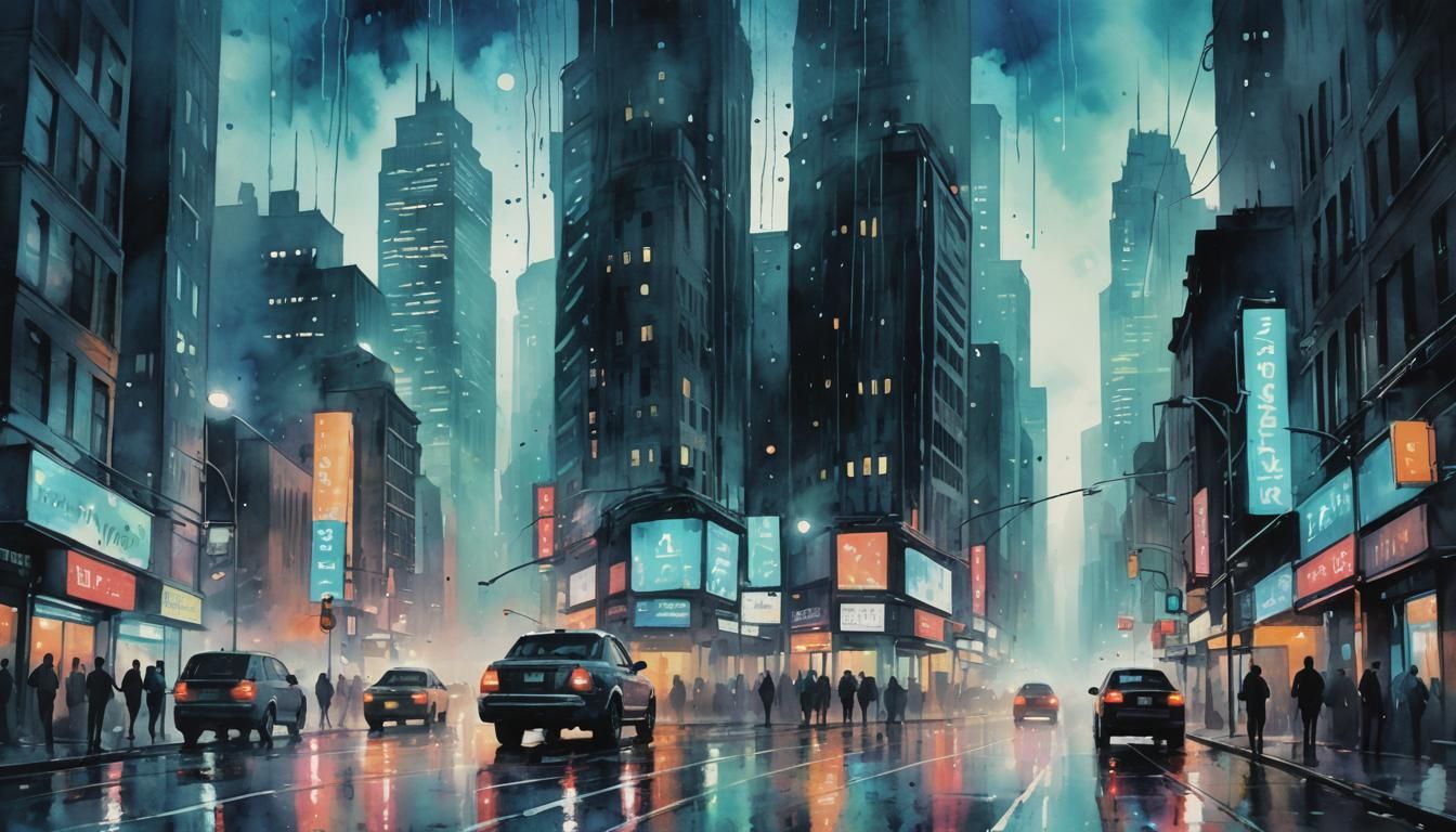 Surreal Cityscape in Watercolor-Inspired Digital Art