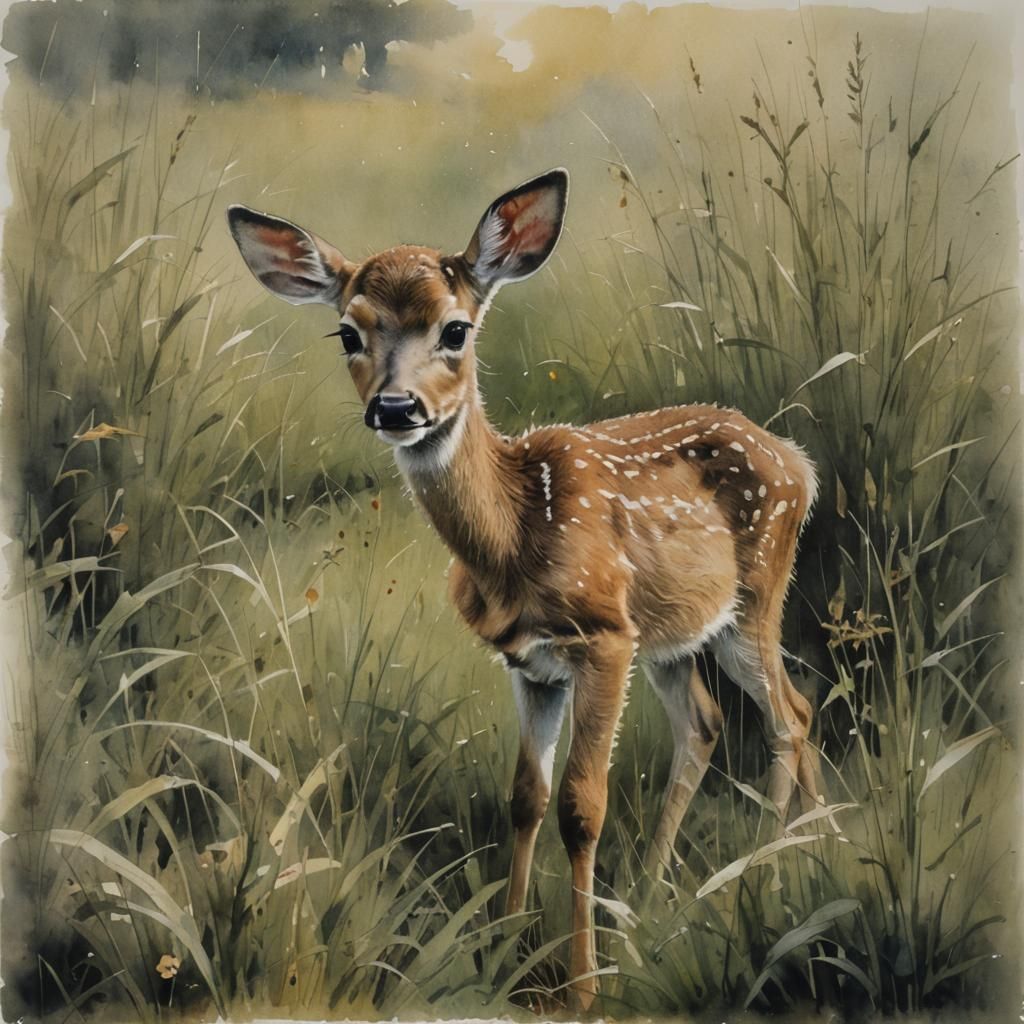 Fawn in Meadow Grass: Watercolor Portrait