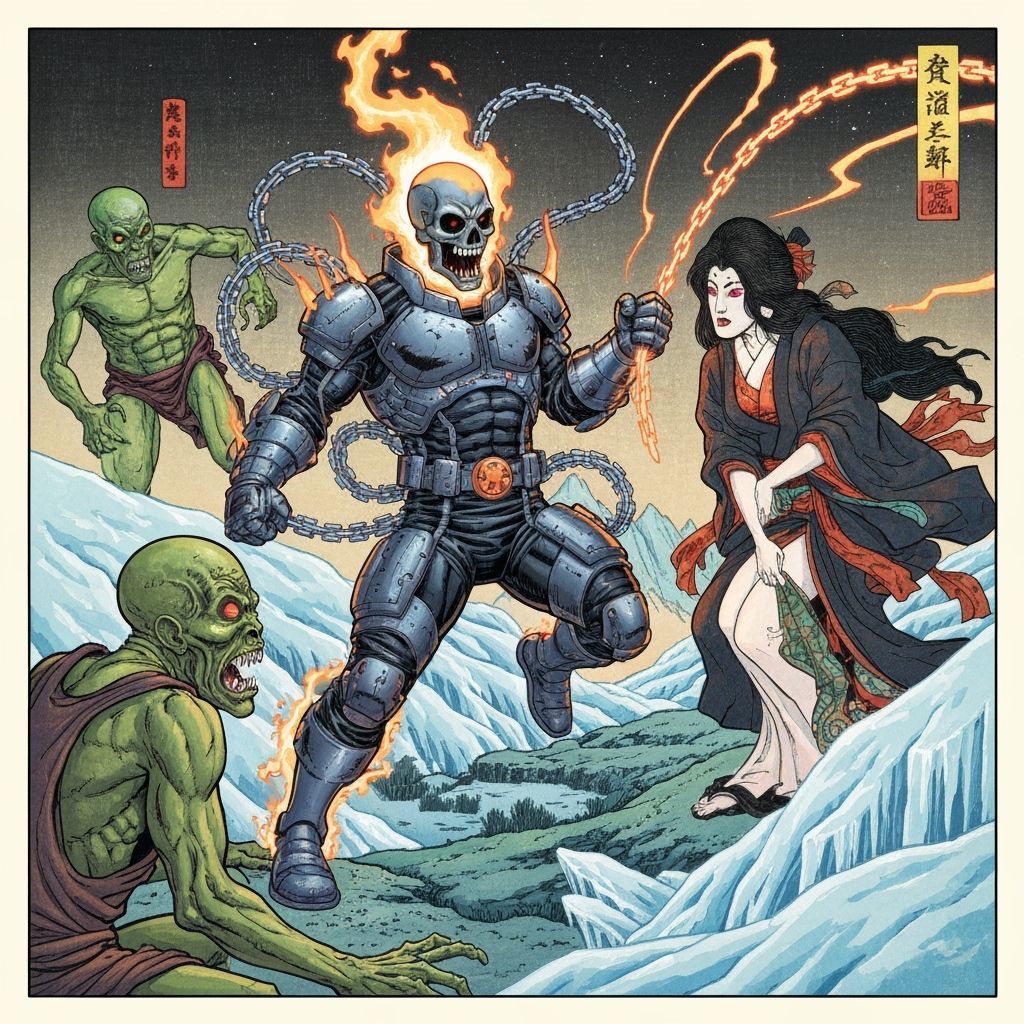 A ghost rider in futuristic surreal ukiyo-e style paint.. an...