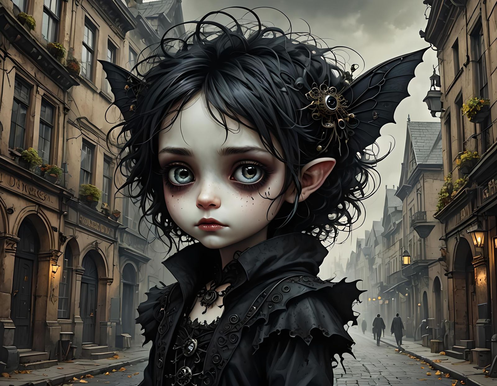 Gothic-Noir Chibi Pixie in Victorian Cityscape