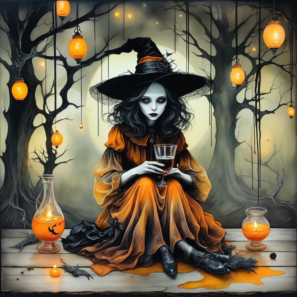 Witch at Orange Bar in Double Exposure Style