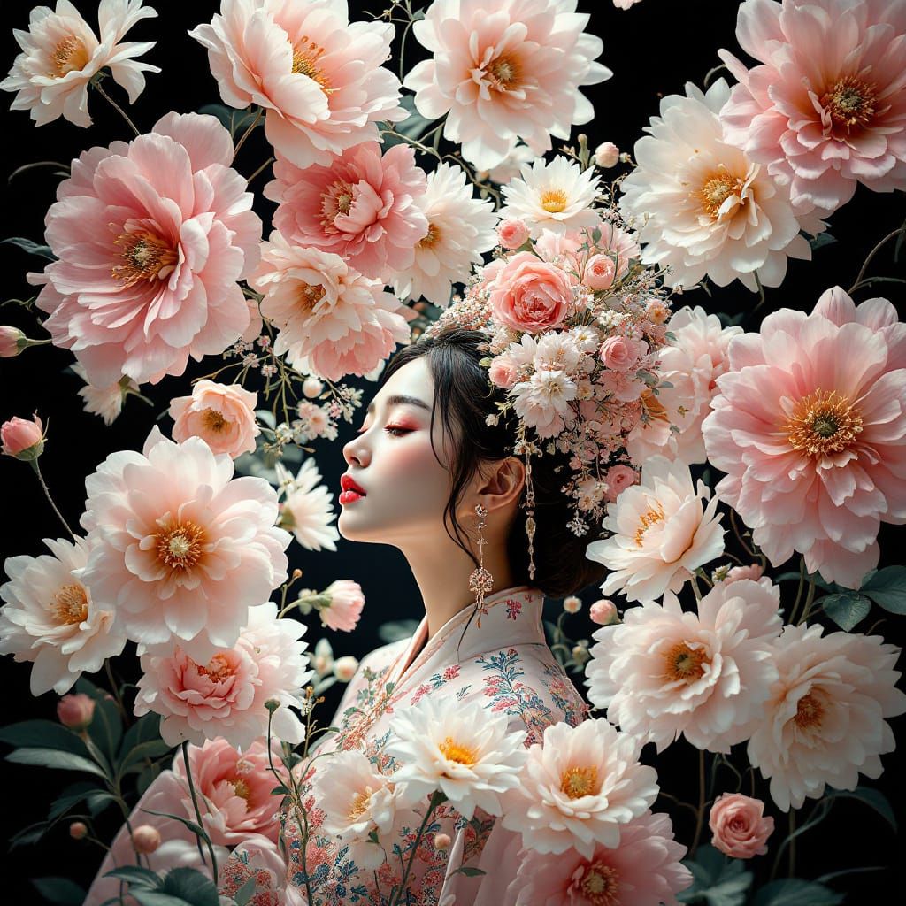 Korean Women in Hanbok Amidst Optical Illusion Flowers