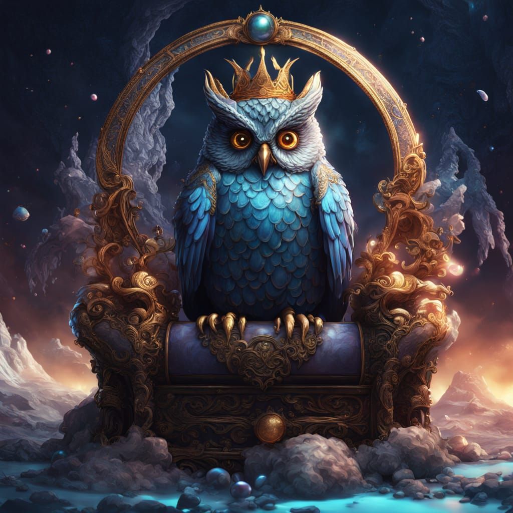 Regal Owl King with Lapis Feathers and Jeweled Crown