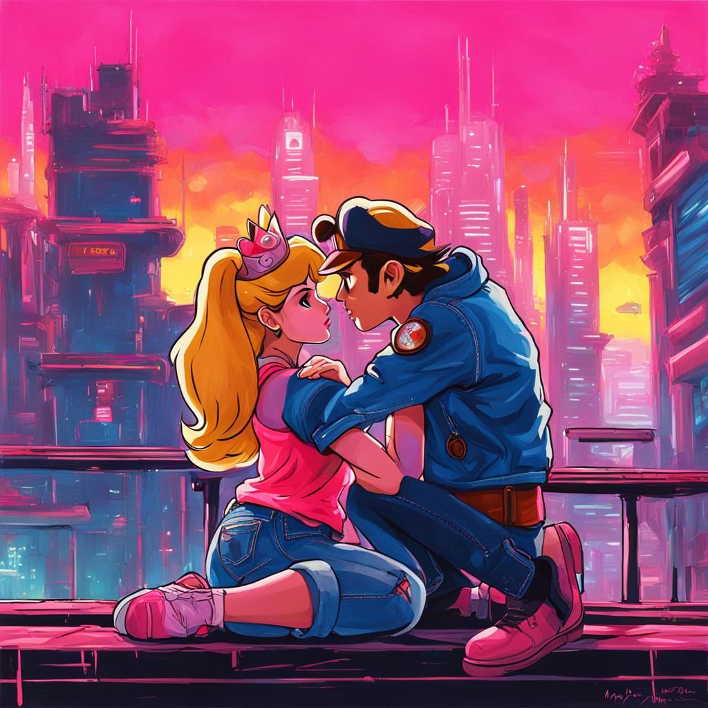 Mario and Peach Kiss in Cyberpunk Neon City