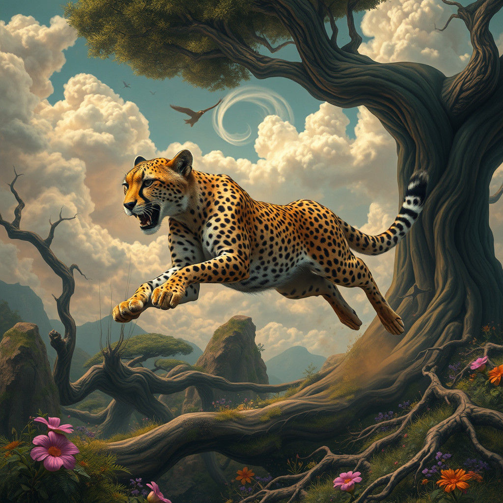 Cheetah Leaps Into Dreamlike Renaissance Painting