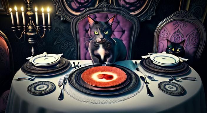 a cat eating a brain on a fancy dinner table set with fine c...