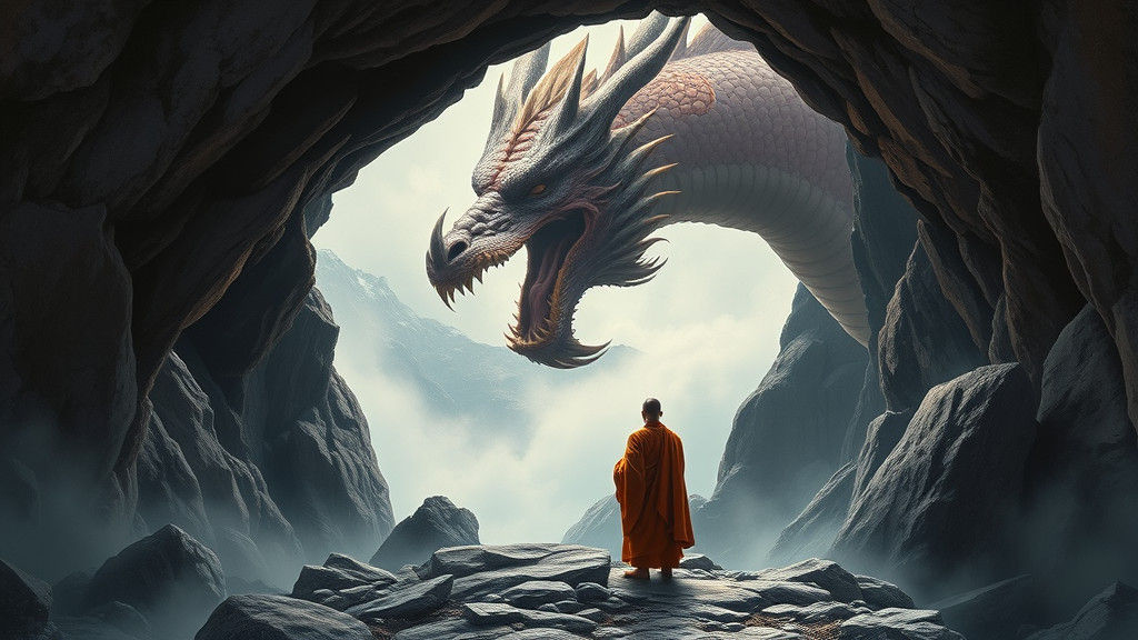 Monk and Dragon: Hyperrealistic Oil Painting in Japanese Mou...