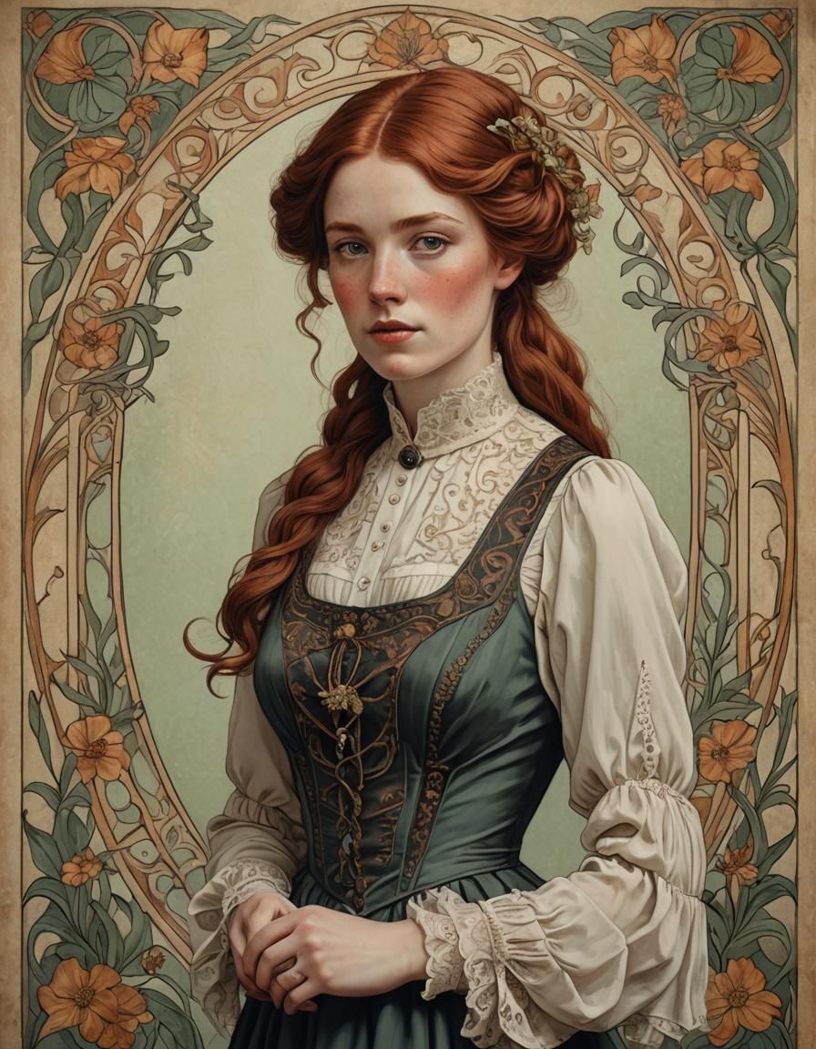 Victorian Woman with Auburn Hair in Art Nouveau Style
