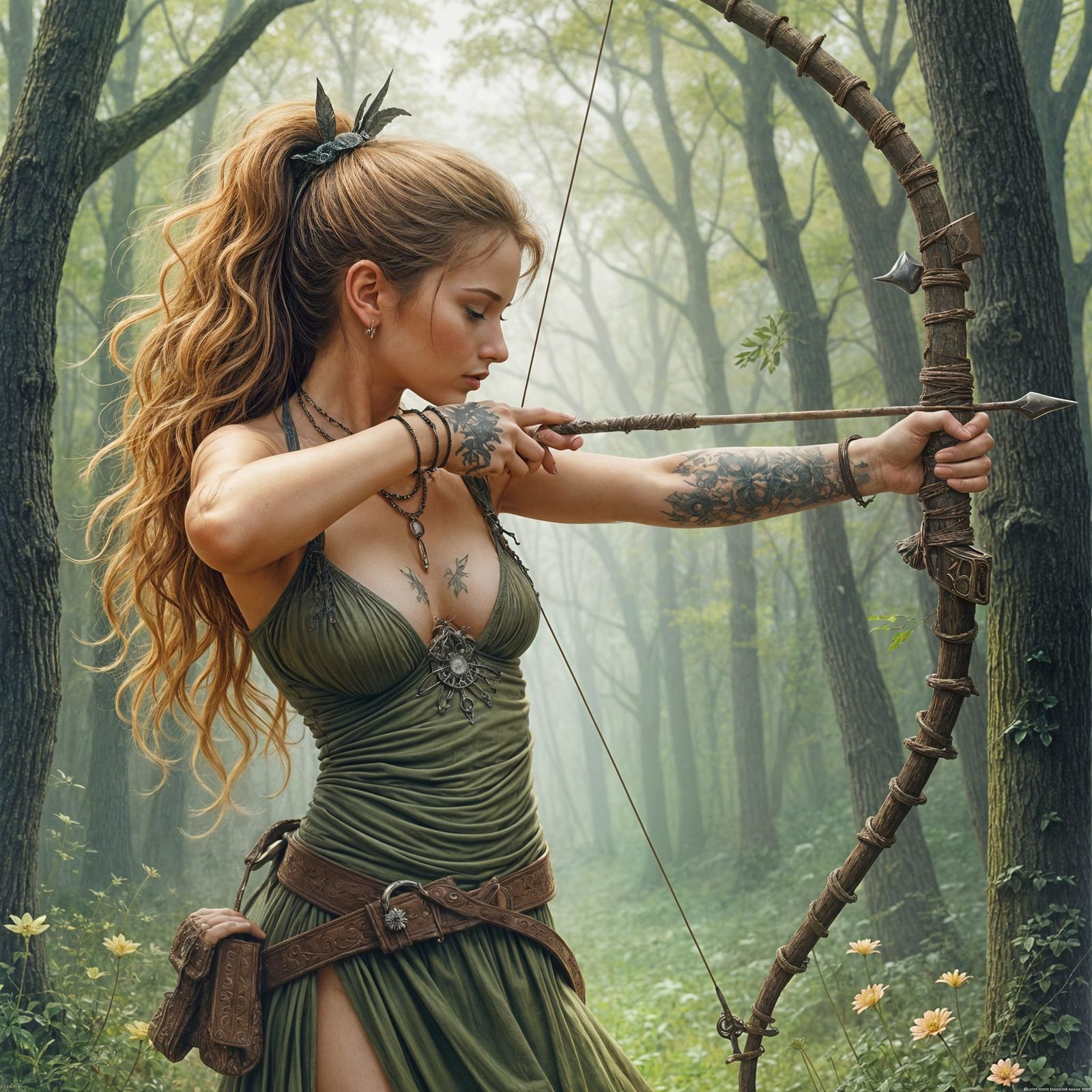 Fae Archer in Forest, Pastel Illustration
