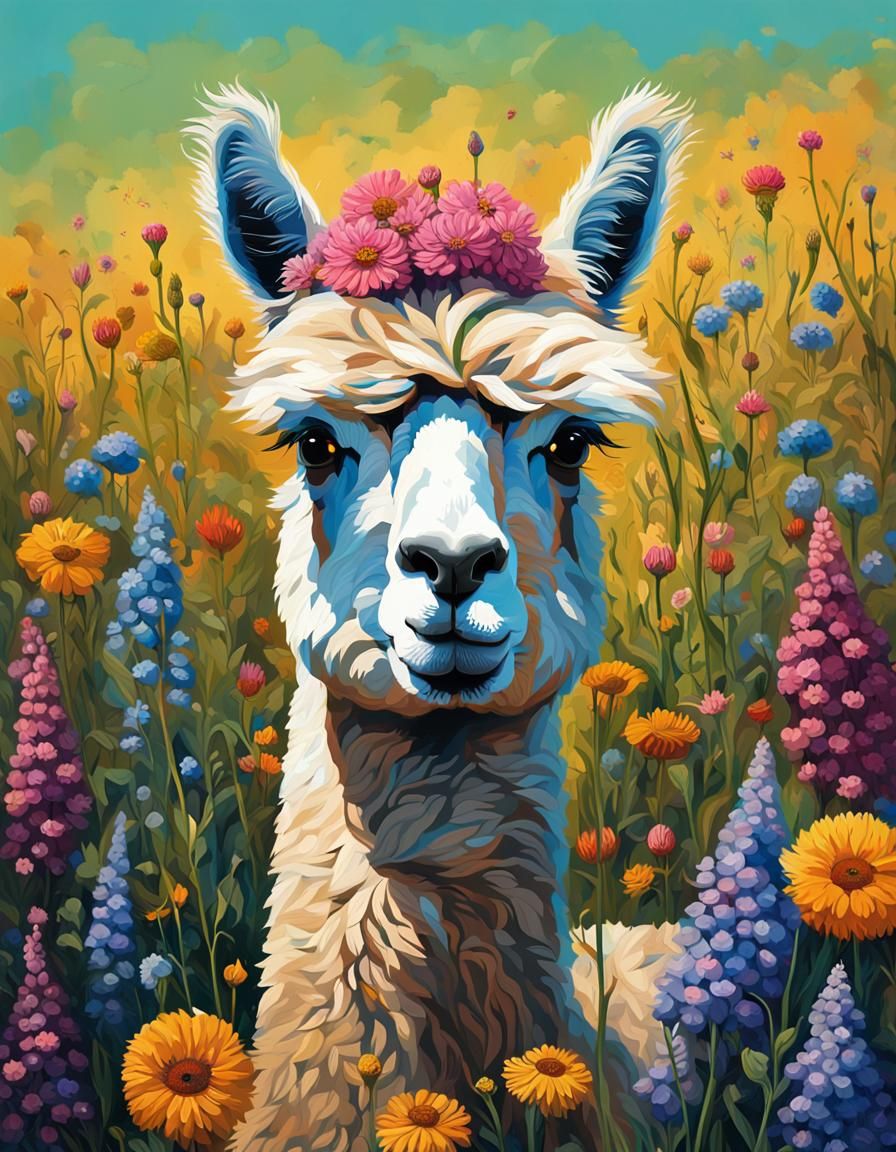 Alpaca Portrait in Wildflower Field as Splash Art