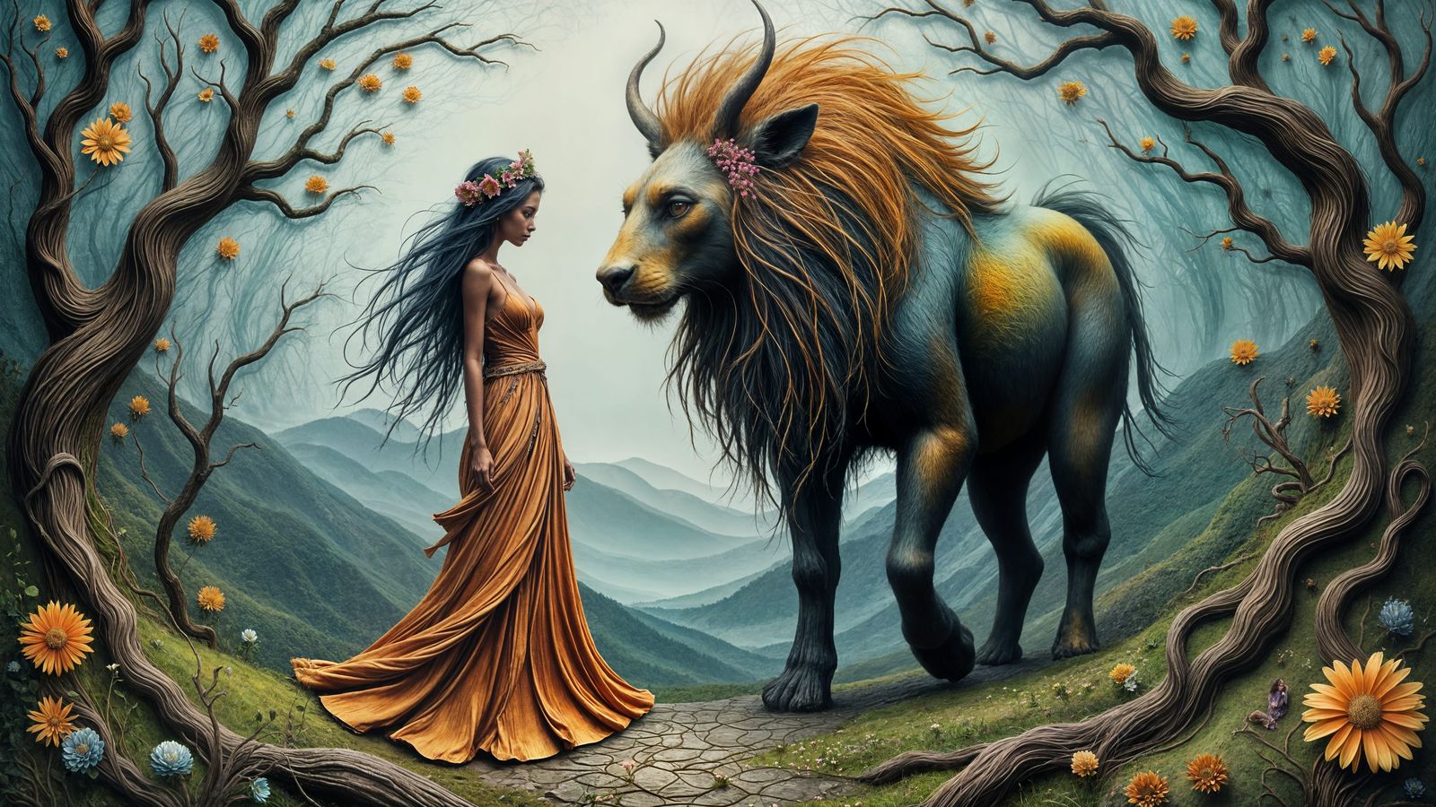 Woman and Beast in Forest, Impasto Oil Style