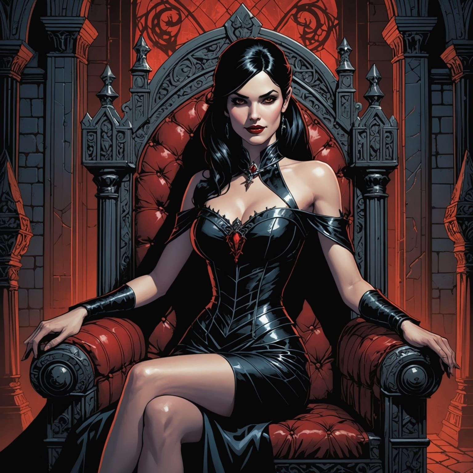 Vampire Queen Smiling on Throne: Comic Book Art
