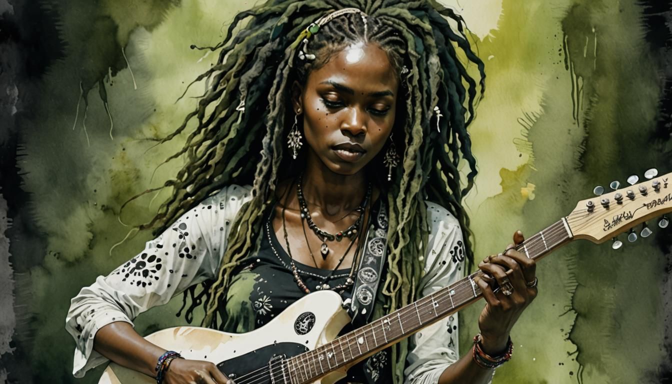 woman, playing a white electric guitar