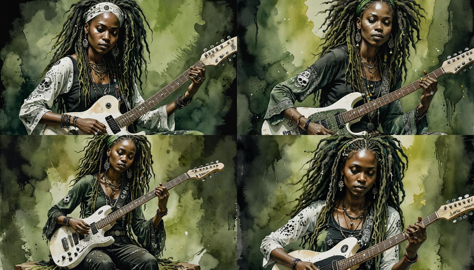 woman, playing a white electric guitar