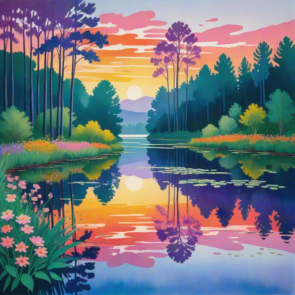 Serene Lake Reflection at Sunset in Watercolor Style