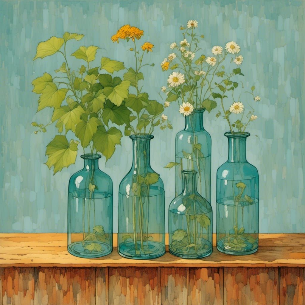 Vases and Plants on Shelf in Vintage Cartoon Style