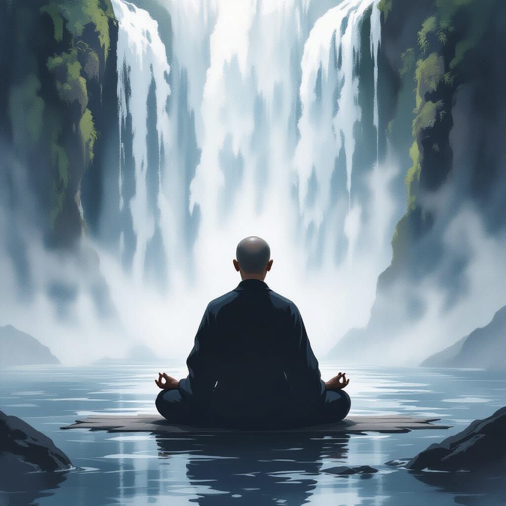 Monk Meditating Under Waterfall in Ink Wash Style