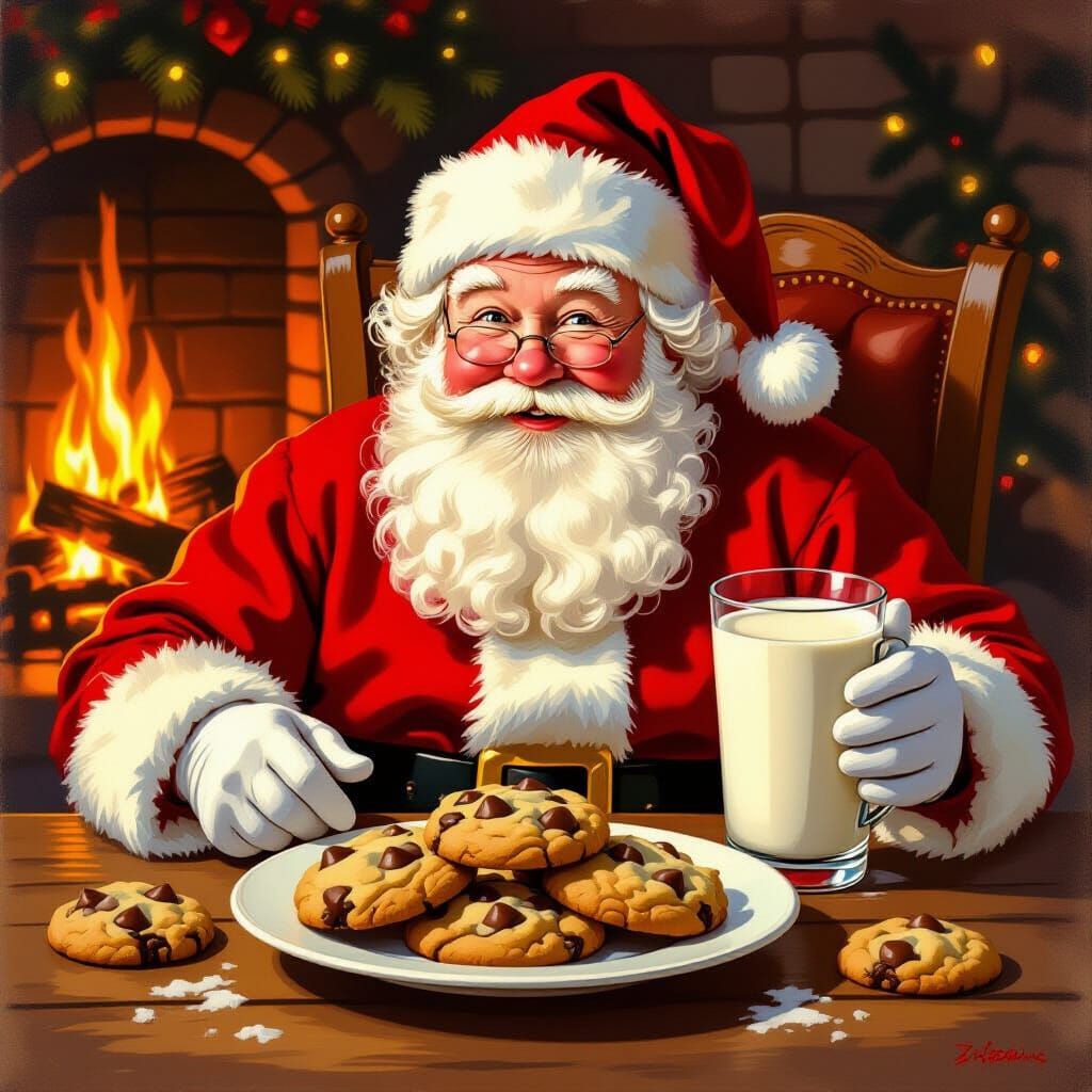 Santa Enjoys Milk and Cookies by Fireplace
