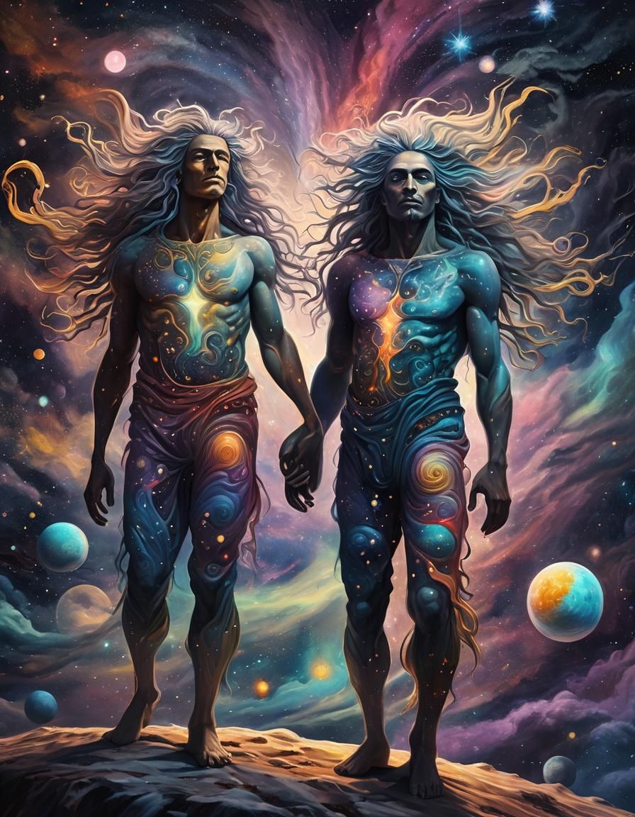 Cosmic Two-Headed Giant in Surreal Astral Dreamscape