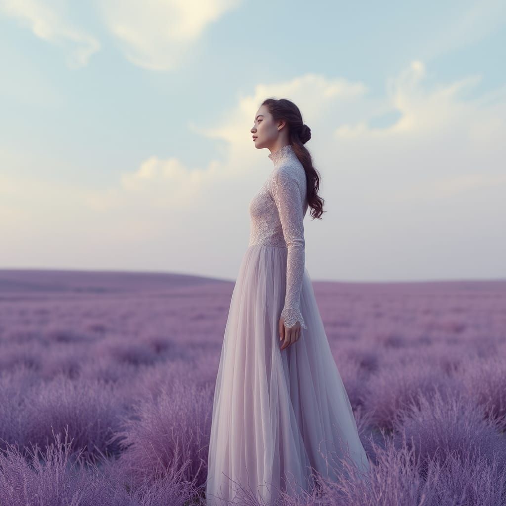 Dreamlike Purple Landscape with Serene Woman