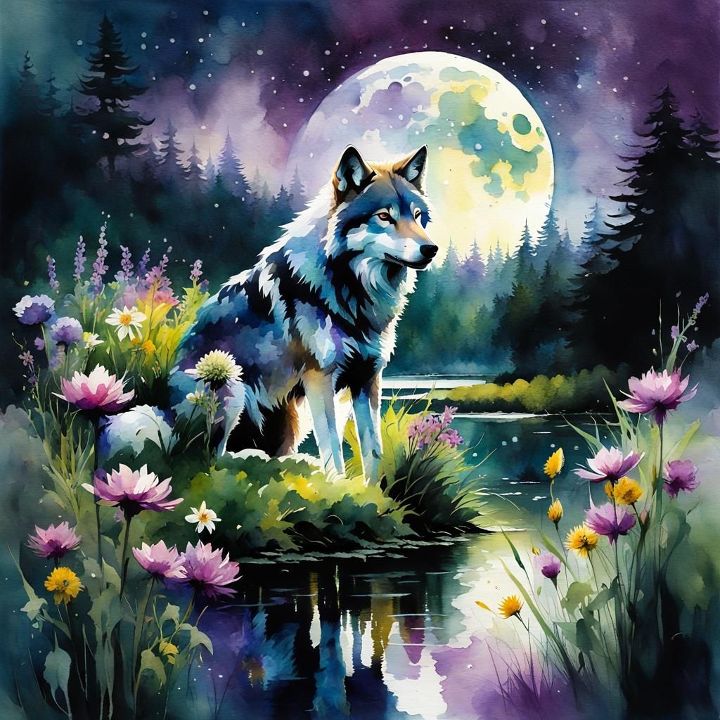 Watercolor Wolf in Summer Landscape by Moon