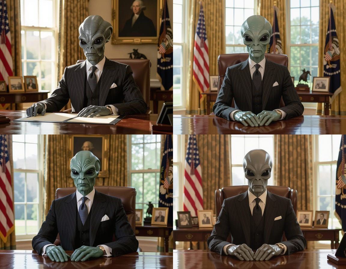 Sophisticated Grey Alien in Oval Office, Rembrandt Style