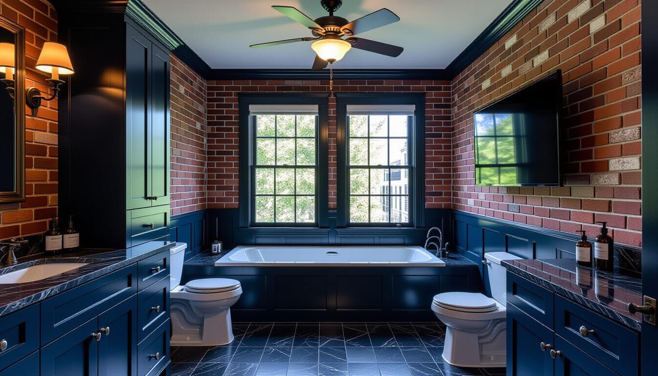 Victorian Bathroom with Dark Blue and Brick Accents
