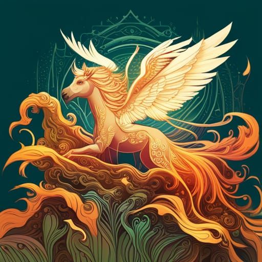 Luminous Pegasus with Golden Outlines in Digital Painting