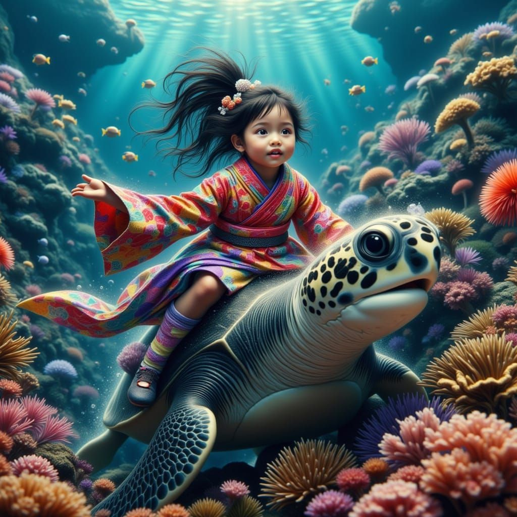 Girl Rides Giant Sea Turtle in Underwater Realm