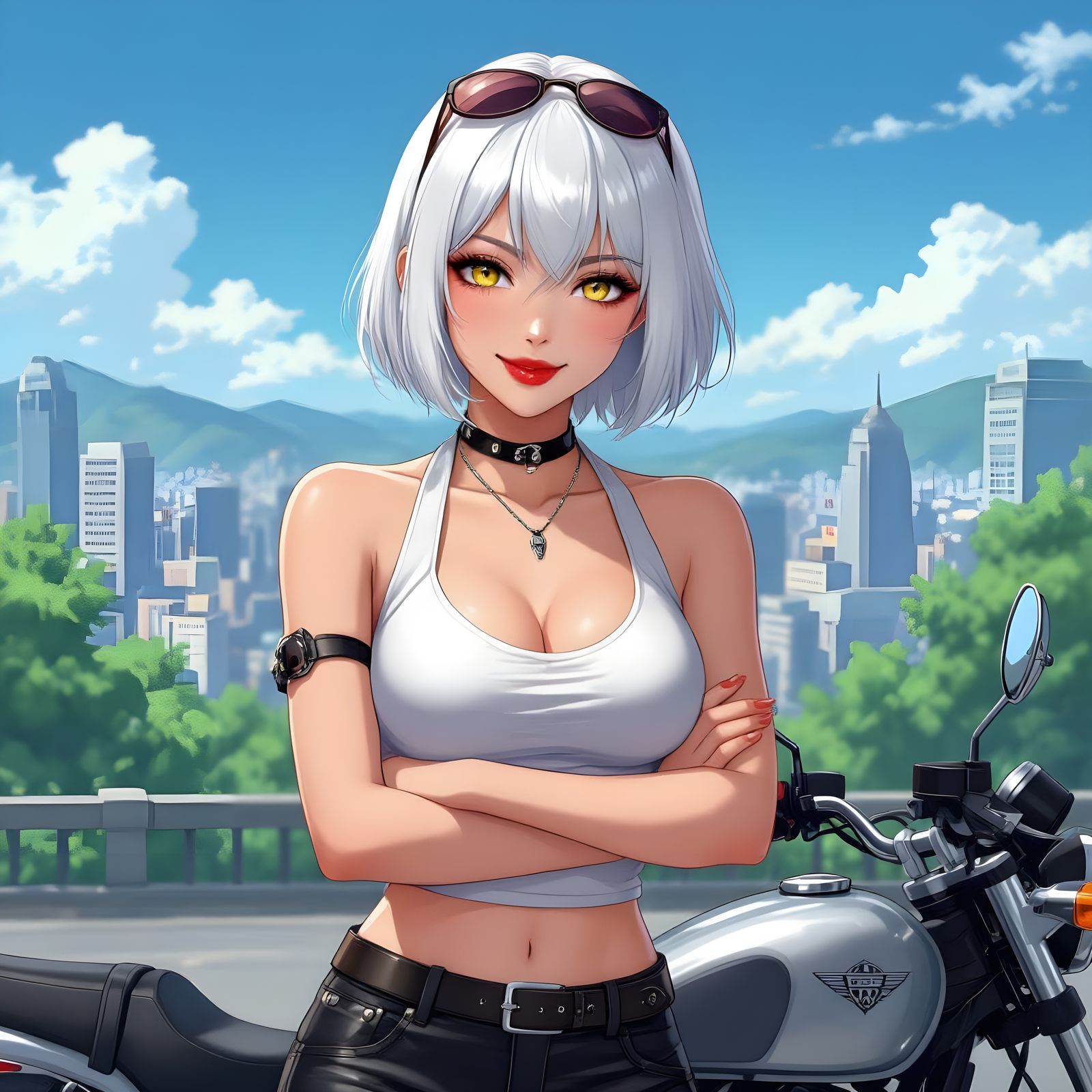 Woman with Motorcycle in City Park