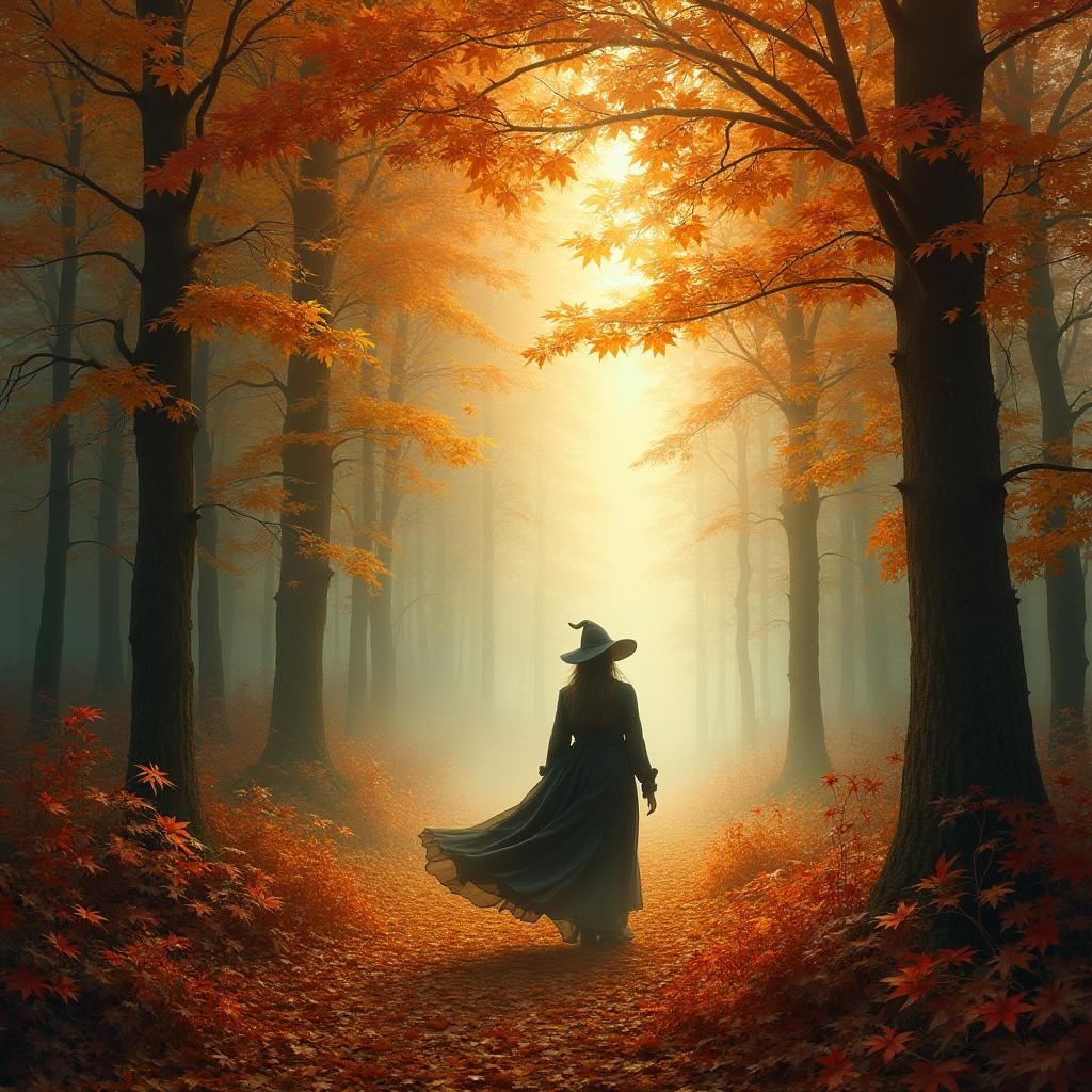 Ethereal Autumn Forest with Shadowy Witch Figure