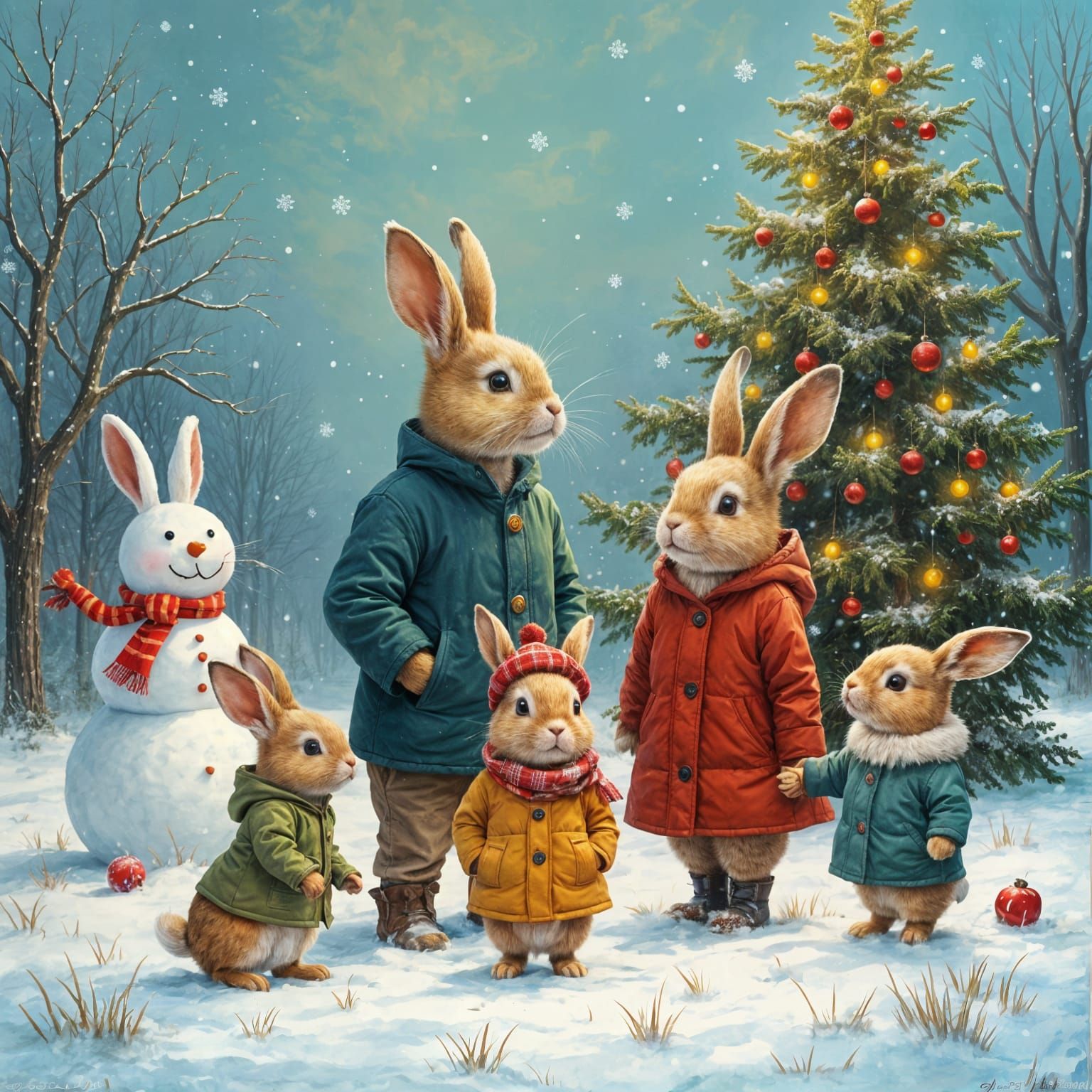 Rabbit Family in Winter Wonderland, Snowman and Christmas Tr...